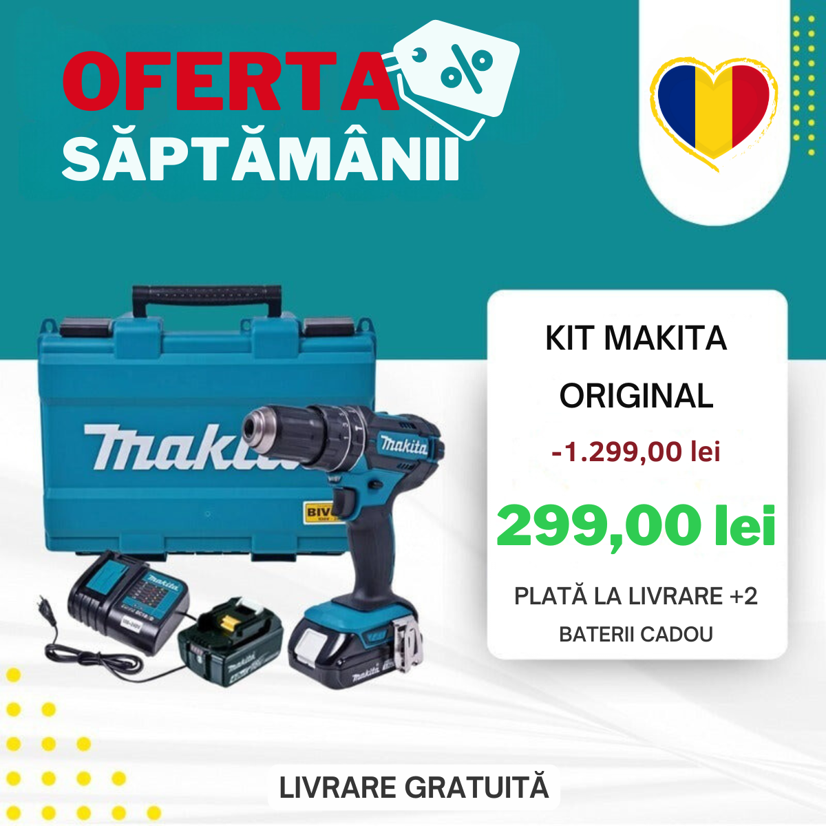 KIT ORIGINAL MAKITA: Burghiu cu impact puternic + 45 ACCESORII + 2 BATERIE 48v - SUPER PROMOTIE ⏰